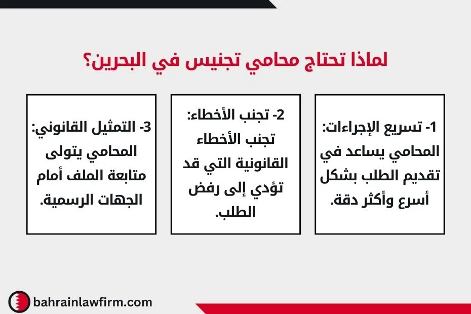 لماذا تحتاج محامي تجنيس في البحرين؟ 1- تسريع الإجراءات: المحامي يساعد في تقديم الطلب بشكل أسرع وأكثر دقة. 2- تجنب الأخطاء: تجنب الأخطاء القانونية التي قد تؤدي إلى رفض الطلب. 3- التمثيل القانوني: المحامي يتولى متابعة الملف أمام الجهات الرسمية. 