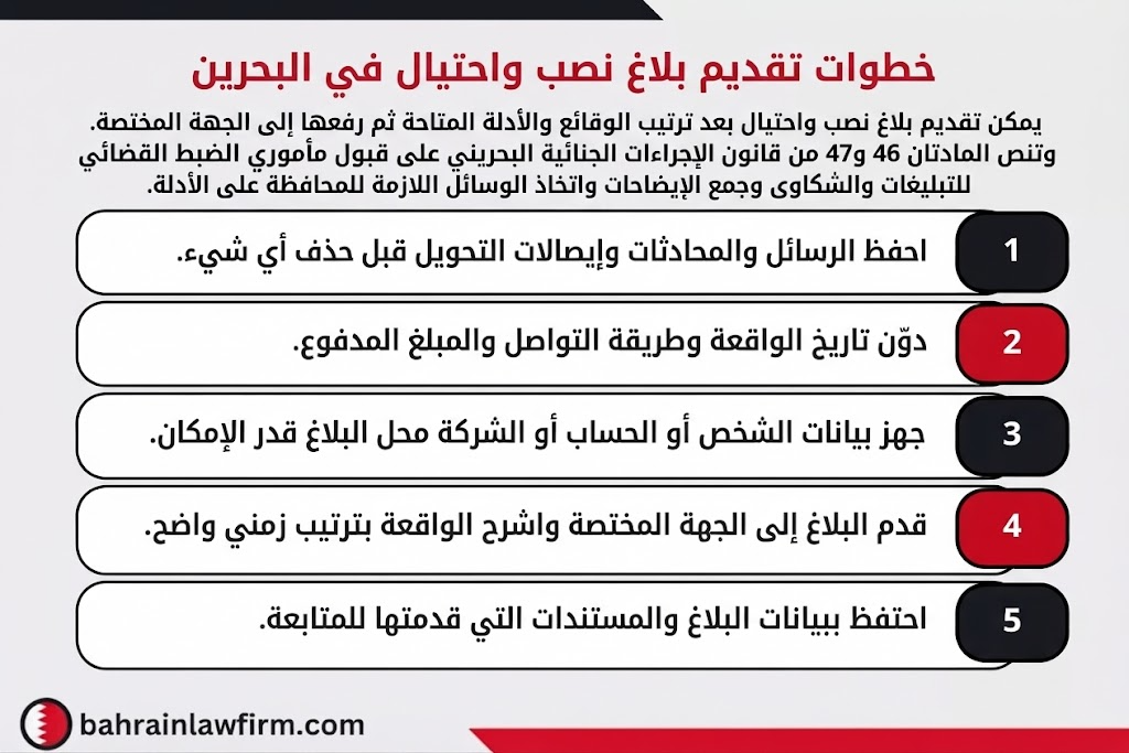 خطوات تقديم بلاغ في البحرين عن الاحتيال والنصب